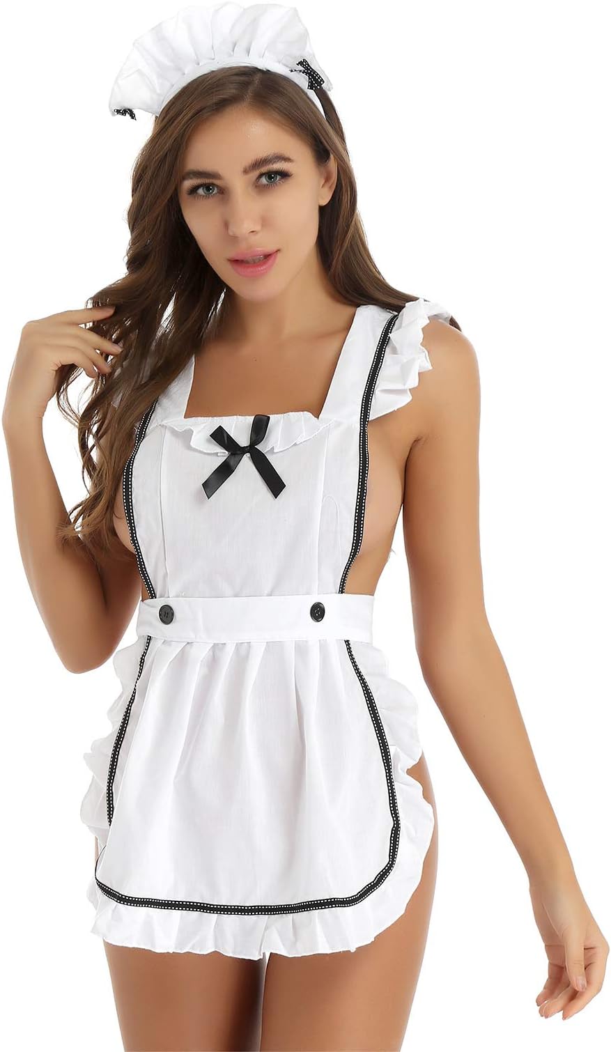 CHICTRY Womens French Maid Ruffle Cosplay Costume Retro Apron with Hair Hoop and G-String Briefs