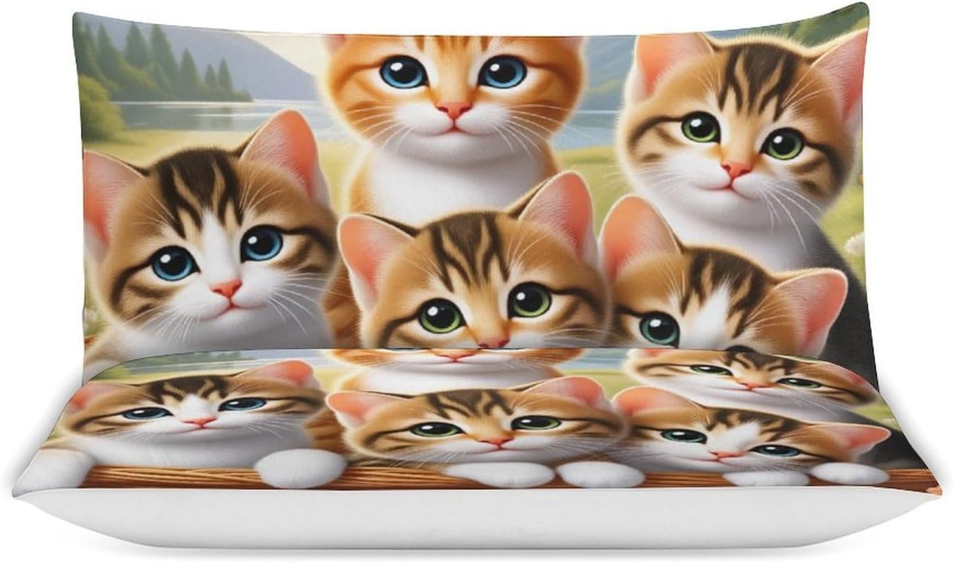 Cute Cartoon Cat 3 Piece Duvet Cover Set with 2 Pillowcases for Kids, Twin Size (86"x70") Soft Brushed Microfiber Bedding Set, Breathable Comforter Cover, Hidden Zipper