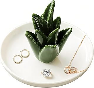 Koyzsen Aloe Ceramic Jewelry Tray, Ring Dish & Trinket Holder - Boho Room & Bathroom Decor for Women, Cute Desk Organizer - Gift for Her, Mom, Sister, Best Friend, Christmas, Birthday