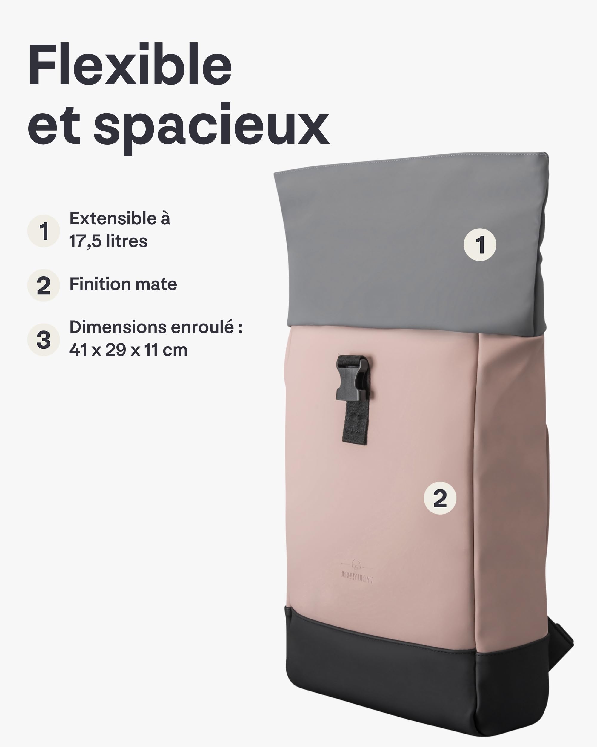 Johnny Urban Sac à Dos Femme & Homme - Harvey Medium - Backpack Roll Top pour Ordinateur Portable pour Voyage Travail, Loisir - Compartiment de 16 Pouces - Hydrofogue