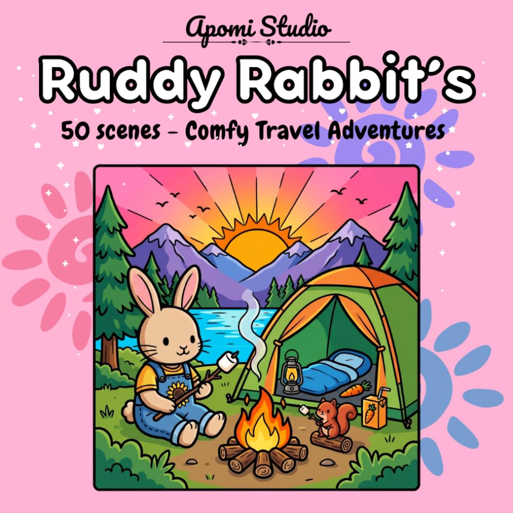 Ruddy Rabbit's Comfy Travel Adventures: Comfy and Chill Coloring Book — 50 Easy Scenes of a Kawaii Bunny Exploring Beaches, Mountains, Savanna and Cities Around the World
