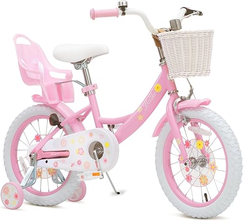 Bicicleta para niñas con cesta para niños pequeños y niños de 3 a 14 años, 14, 16, 18 pulgadas, con ruedas de entrenamiento y asiento de muñeca, 20