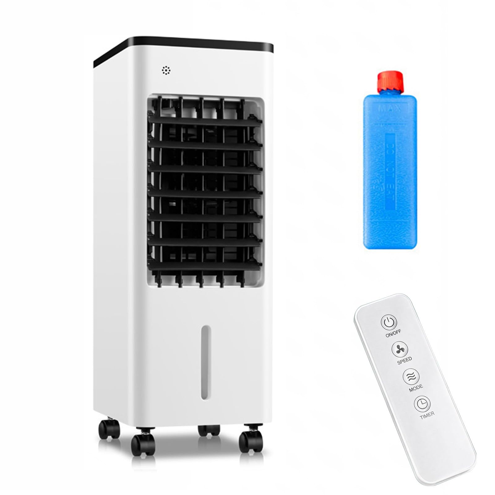Raffrescatore d'aria evaporativo 4 in 1, serbatoio da 6 litri, timer da 0 a 7,5 ore, telecomando, ventilatore portatile, purificatore d'aria per casa, ufficio e campeggio black