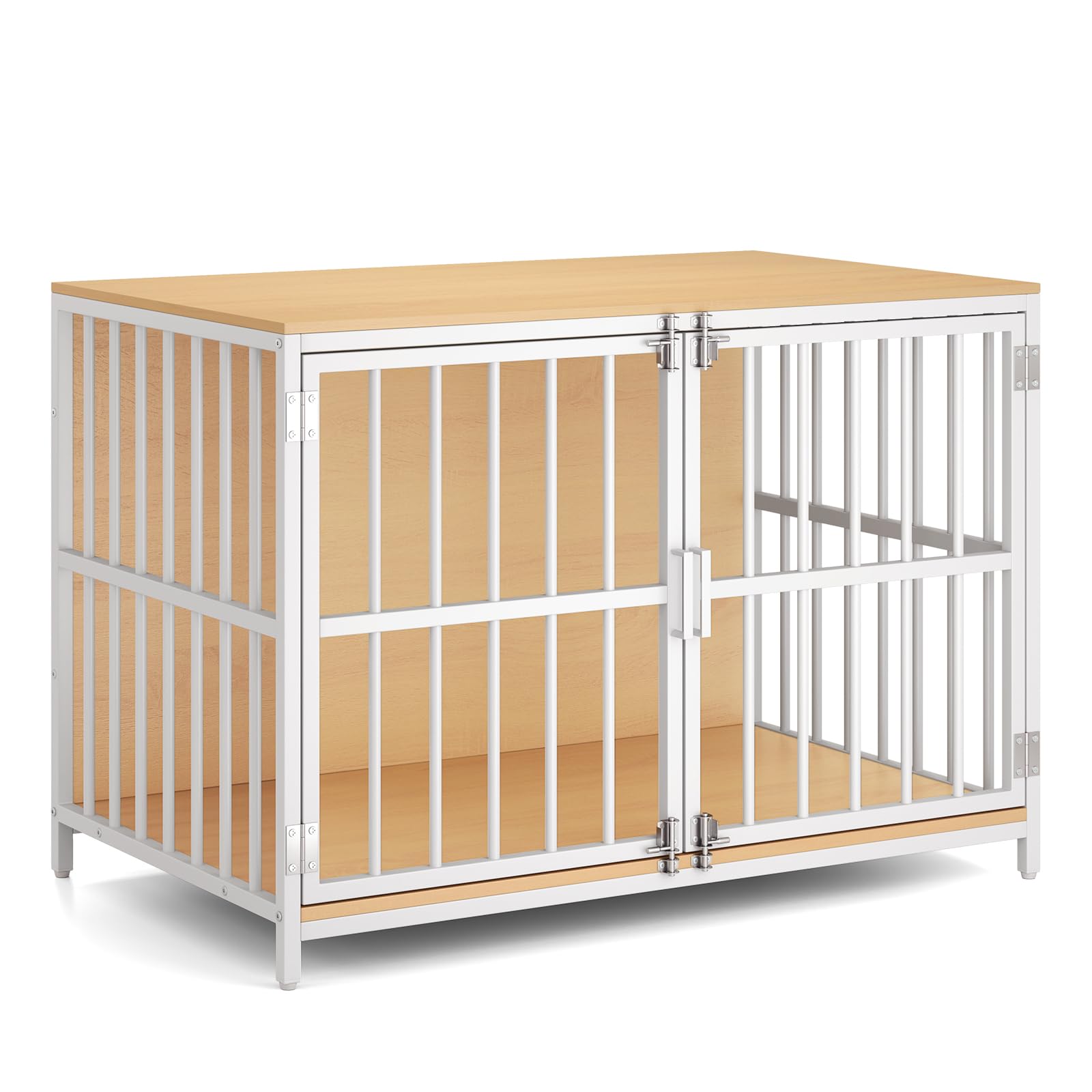 GYMAX Dog Crate Furniture, Heavy Duty Dog Kennel with Dual Lockable Double Doors, Indoor Pet Kennel Side Table for Small and Medium Sized Dog, 100 x 60 x 70 cm (Natural)