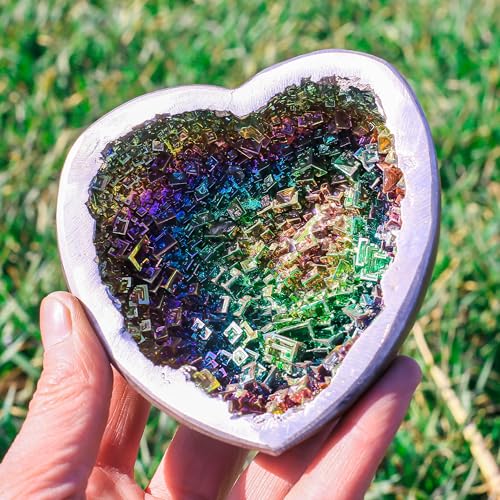 Image of Heart-Shaped Bismuth Crystal Ore Bowl - 4.25 inch Inch, 560g (19.7 oz) - Iridescent Rainbow Metal Art, Home Decor, Mineral Specimen