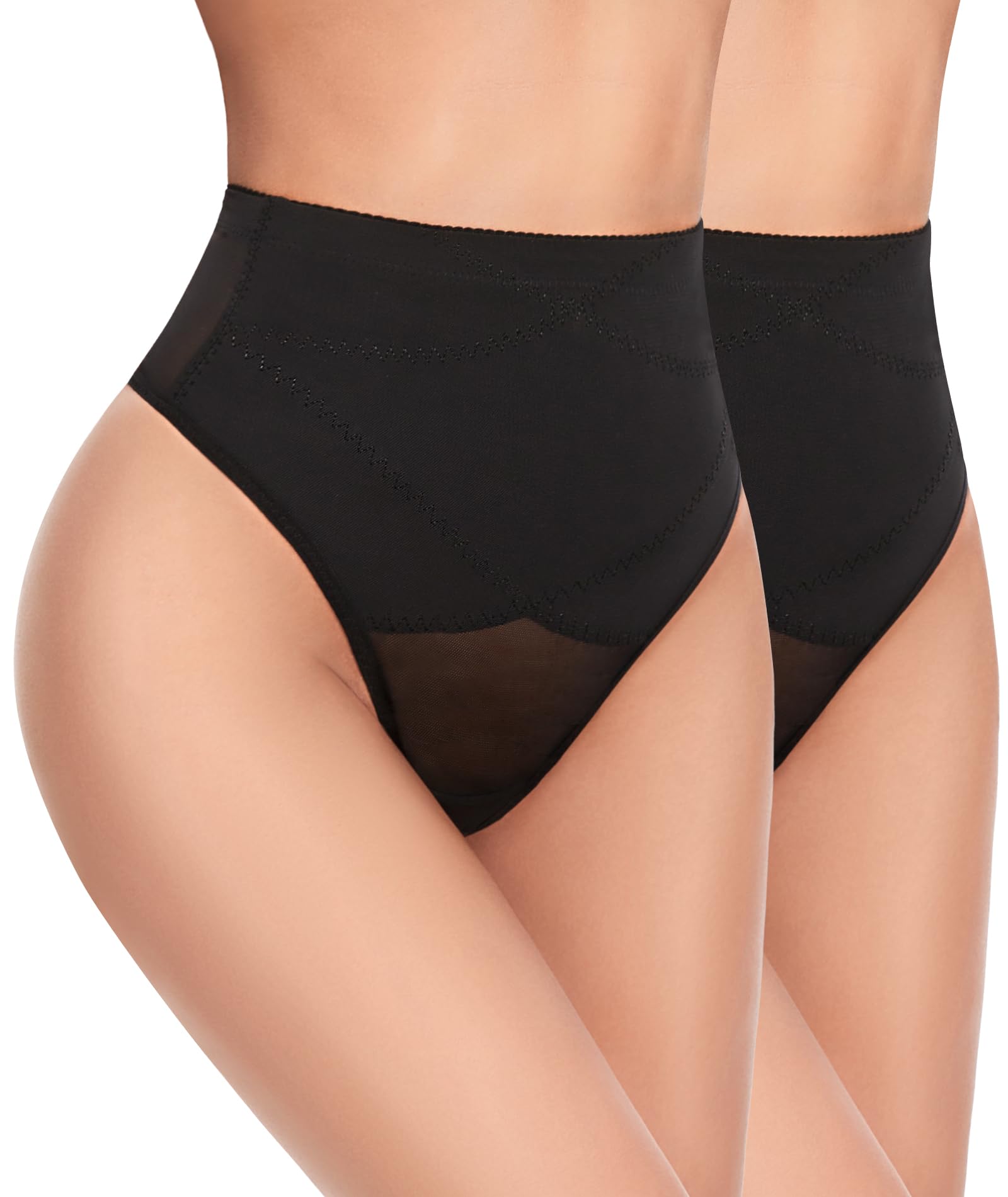 SIMIYA Thong Shapewear for Women Tummy Control Mesh Body Shaper Underwear | Criss-Cross Front Panel and Airy Mesh Stay Discreet Under Dresses, Leggings and Workwear While Keeping Daily Use Breathable. Large #05-2pcs Black Mid-rise