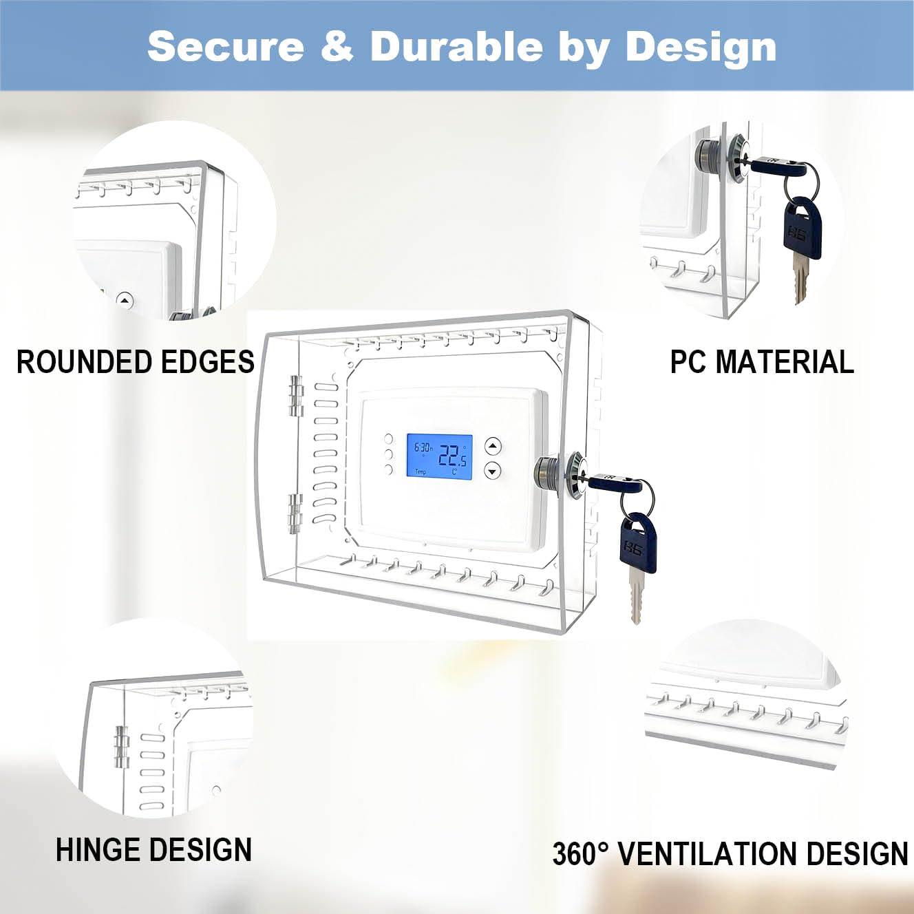 Thermostat Lock Box with Key, Clear Thermostat Cover with Lock for Thermostat on Wall, AC Lock Box Cover with Key Fits Thermostats 4.8"H x 6.3" W or Smaller - 4