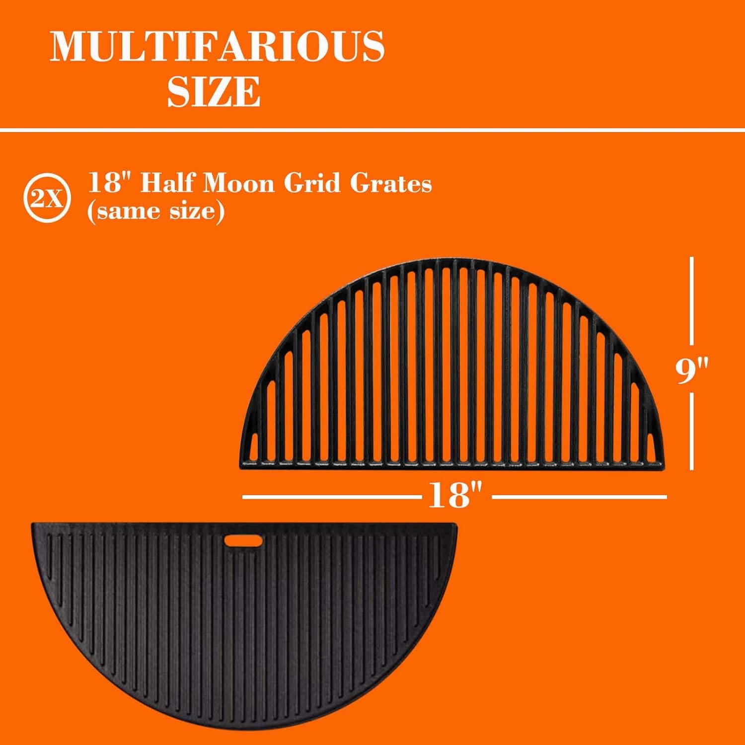 18" Cast Iron Grid Grate Reversible Griddle Replace For Large Big Green Egg, Kamado Joe Classic I II III series, Vision, Stand-Alone and other round 18" charcoal grills