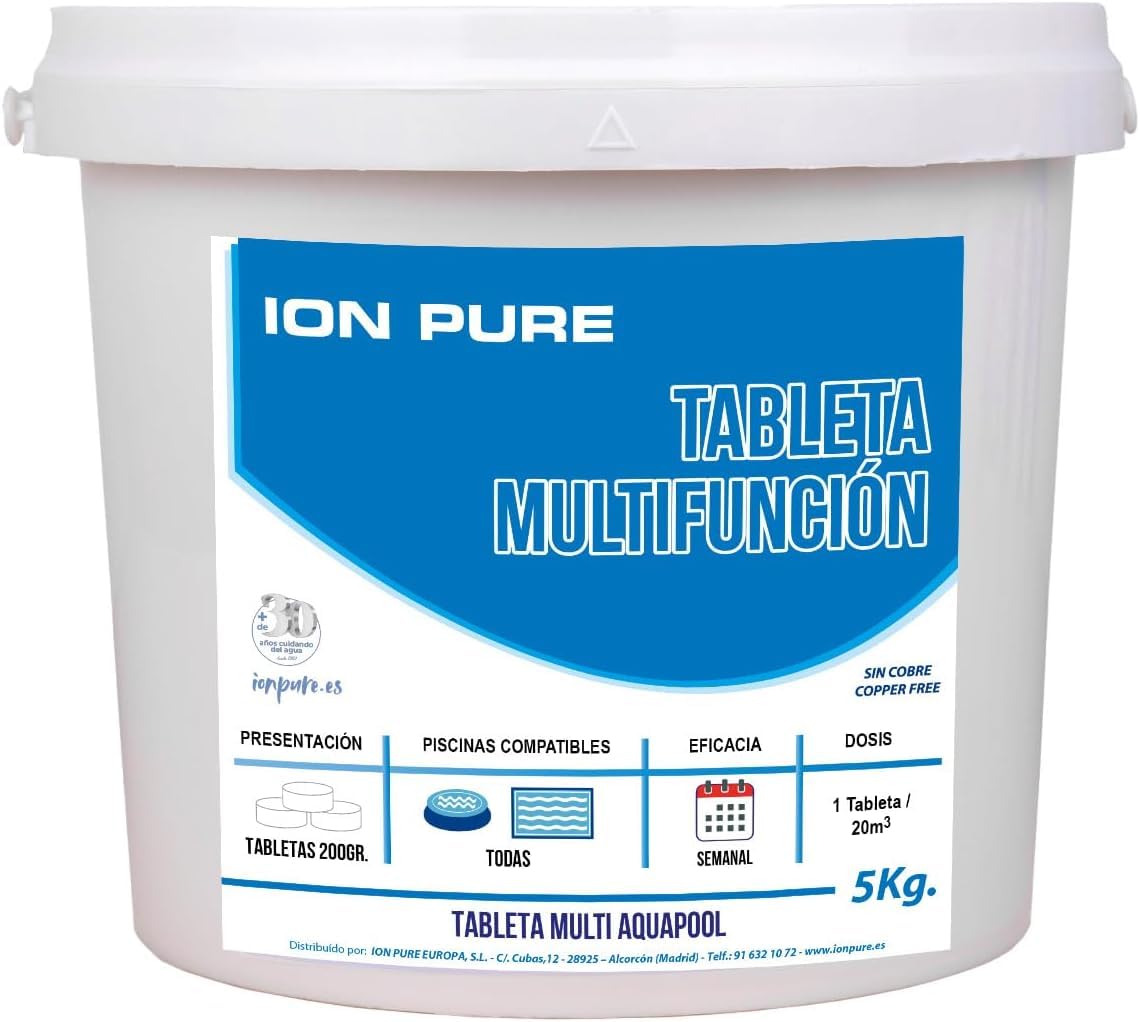 Pack Ahorro 2 uds Compacto 5 ACCIONES AQUAPOOL (200 GR) - Pastillas de Cloro multifunción - Disolución Lenta - Apto Piscinas Liner (2x5 KG)