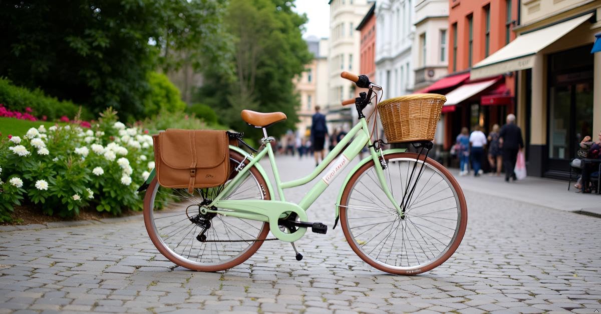 Bicicleta de mujer de ciudad de paseo de 28 pulgadas con cambio vintage retro cesta de mimbre, bolsas laterales