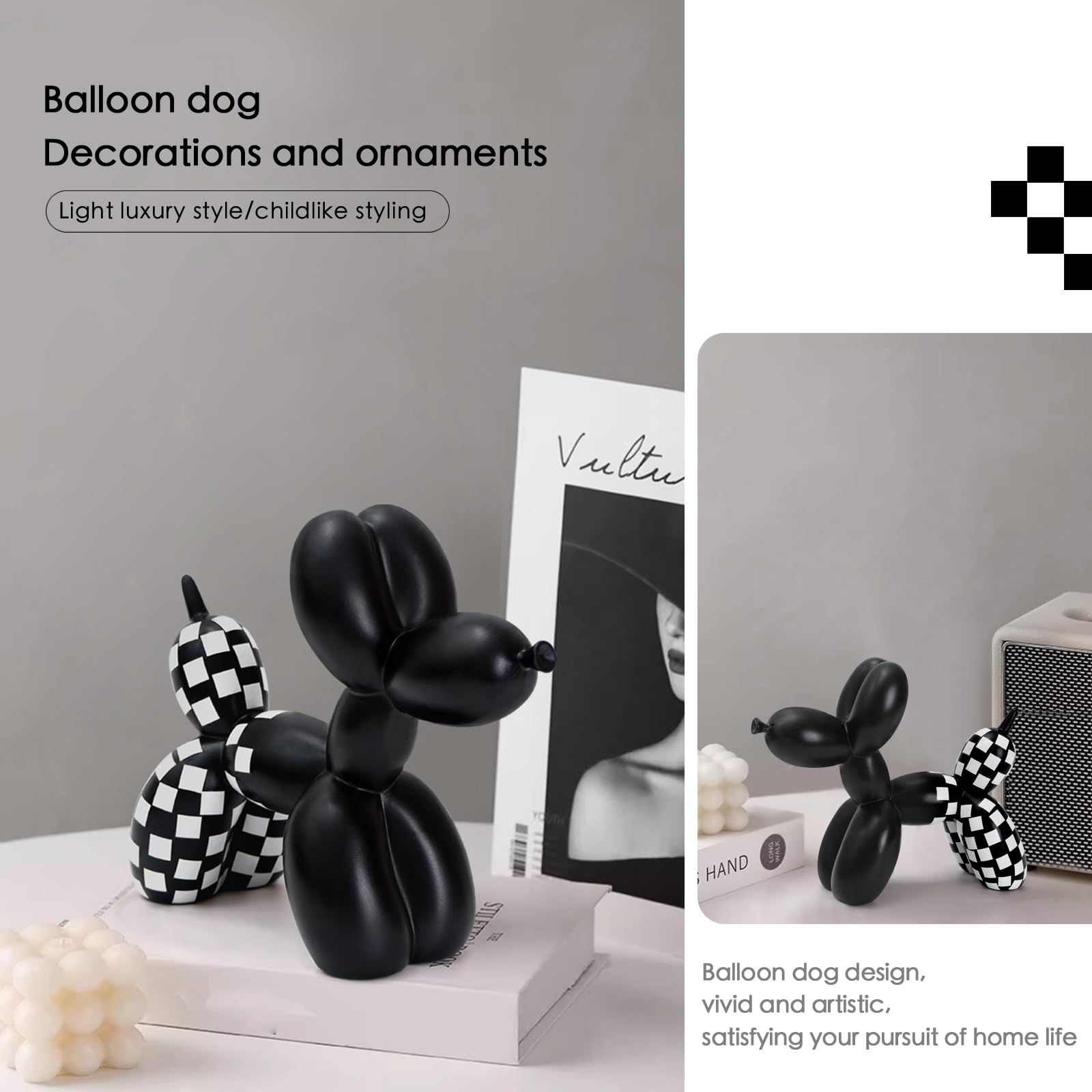 Notakia Statua a scacchi bianca e nera a scacchi con palloncino a forma di cane, decorazione per soggiorno e scrivania, fatta a mano, moderna, piccola mensola, ornamento per la casa