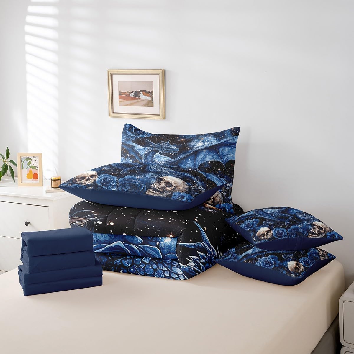 Erosebridal Mysterious Dragon 7 Piece Comforter Queen Size for Kids Boys Girls Black Starry Sky Outer Space Sheet Set Bed in A Bag Goth Skull Bed Set Blue Romantic Floral Wildlife Animals