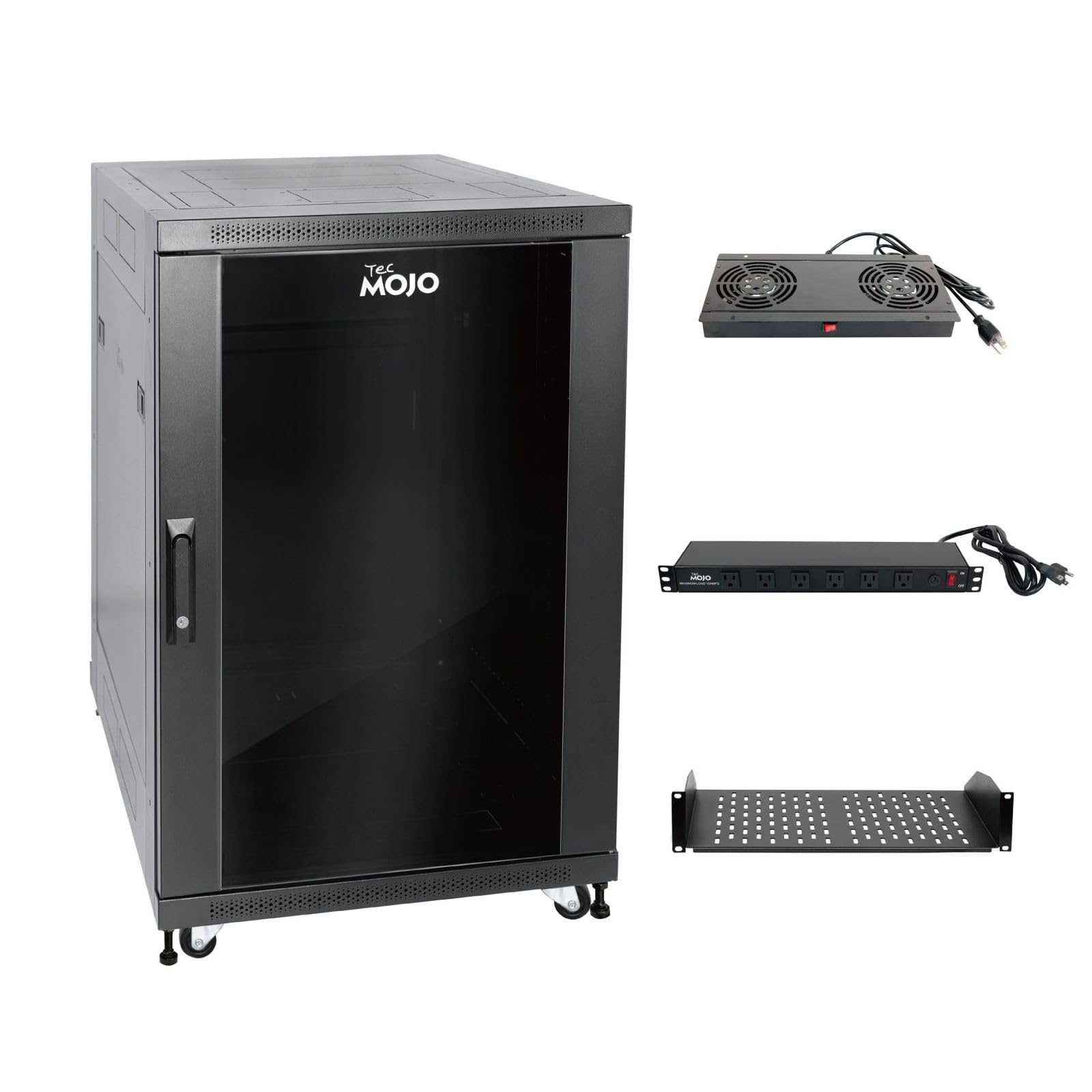 Tecmojo Fully Assembled 18U Network Cabinet AV Rack Black Equipment Rack Enclosure with Casters/Locking Doors with Dual Fan, PDU and Cantilever Shelf Installed (31.5inch Deep Glass Door)