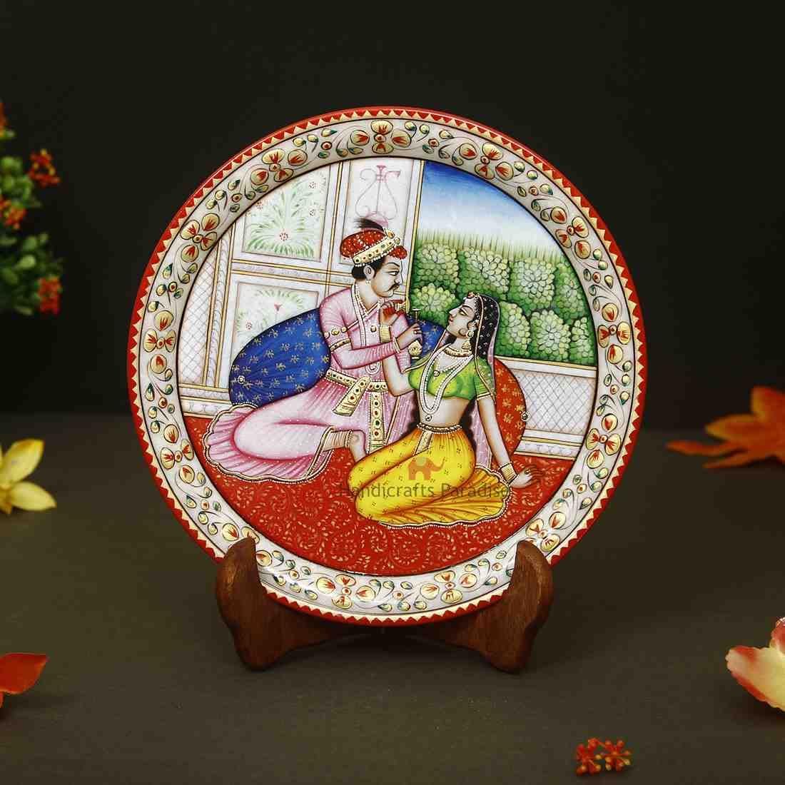 Handicrafts Paradise Marble Decorative Plate Mughal Design 9 Inch