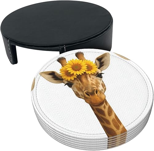Miniatura 3 de Drink Coasters Set of 6, Sunflowers and Giraffe Printed PU Leather Round Coaster with Holder for Outdoor, Office, Bar, Funny Heat-Resistant Home