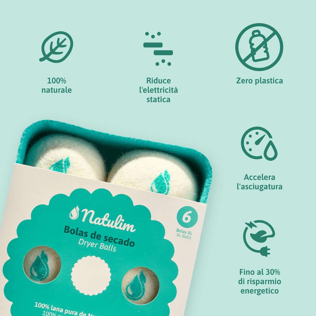 NATULIM Palline di Lana per Asciugatrice Set 6 XL - Ammorbidente Naturale Riutilizzabile Senza Plastica - 100% Lana Nuova Zelanda