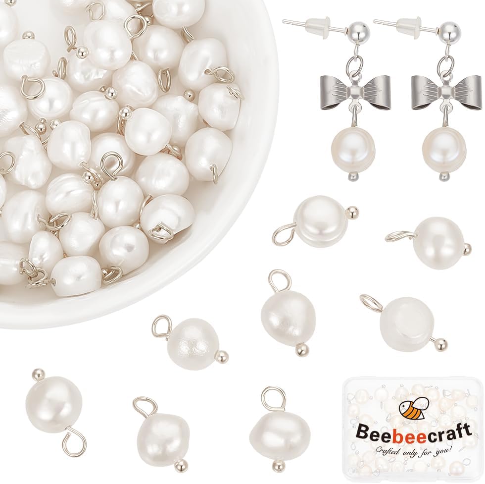 Beebeecraft 1 Box 40Pcs Pearl Oval Charms Freshwater Natural Cultured Pendants with Silver Brass Ball Head Pins for DIY Bracelet Necklace Jewellery Making