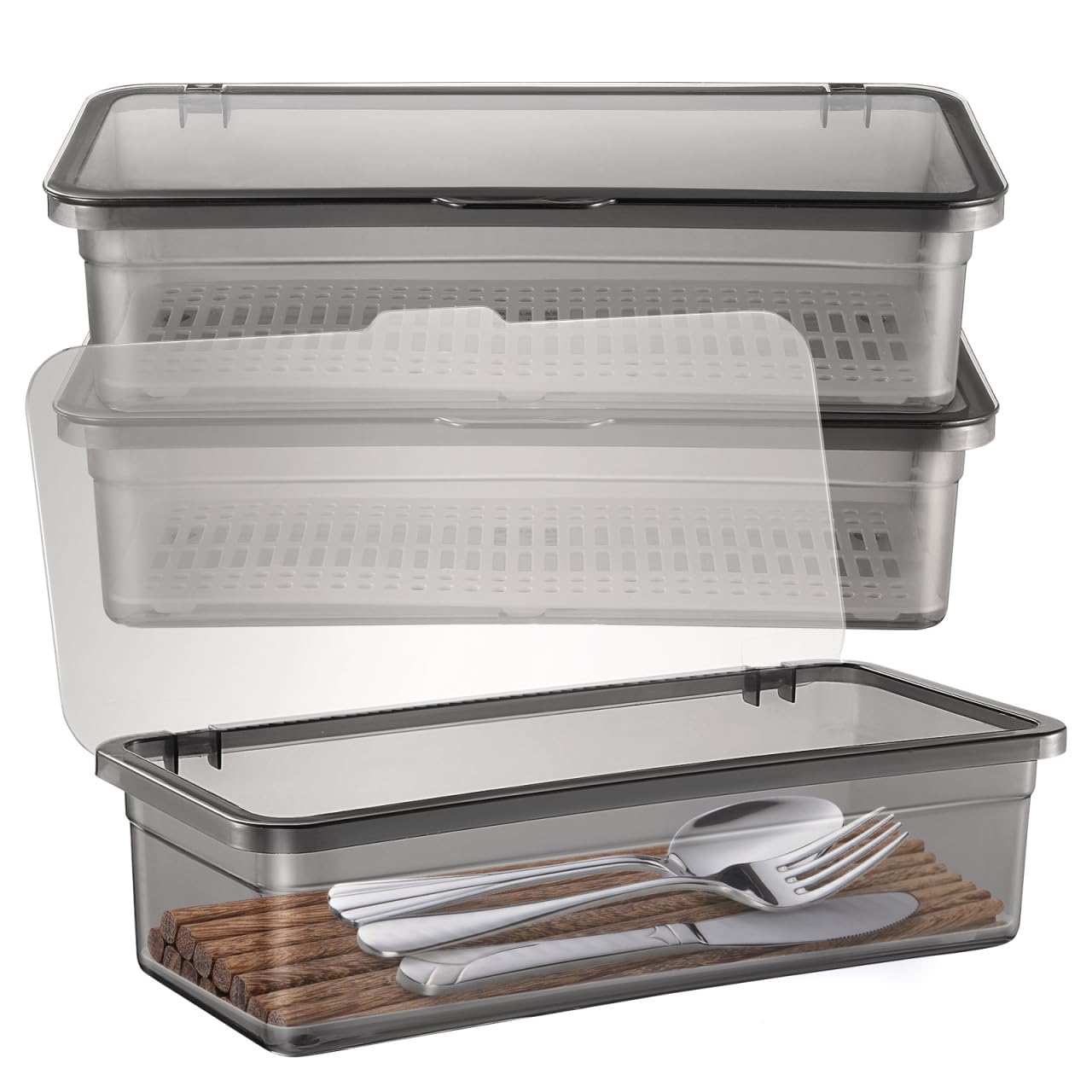 DOITOOL Portaposate Con Coperchio, 3 Pezzi Contenitore Porta Posate Da Cassetto per Cucina, Organizer per Cassetto per Forchette, Organizer Posate Con Coperchio