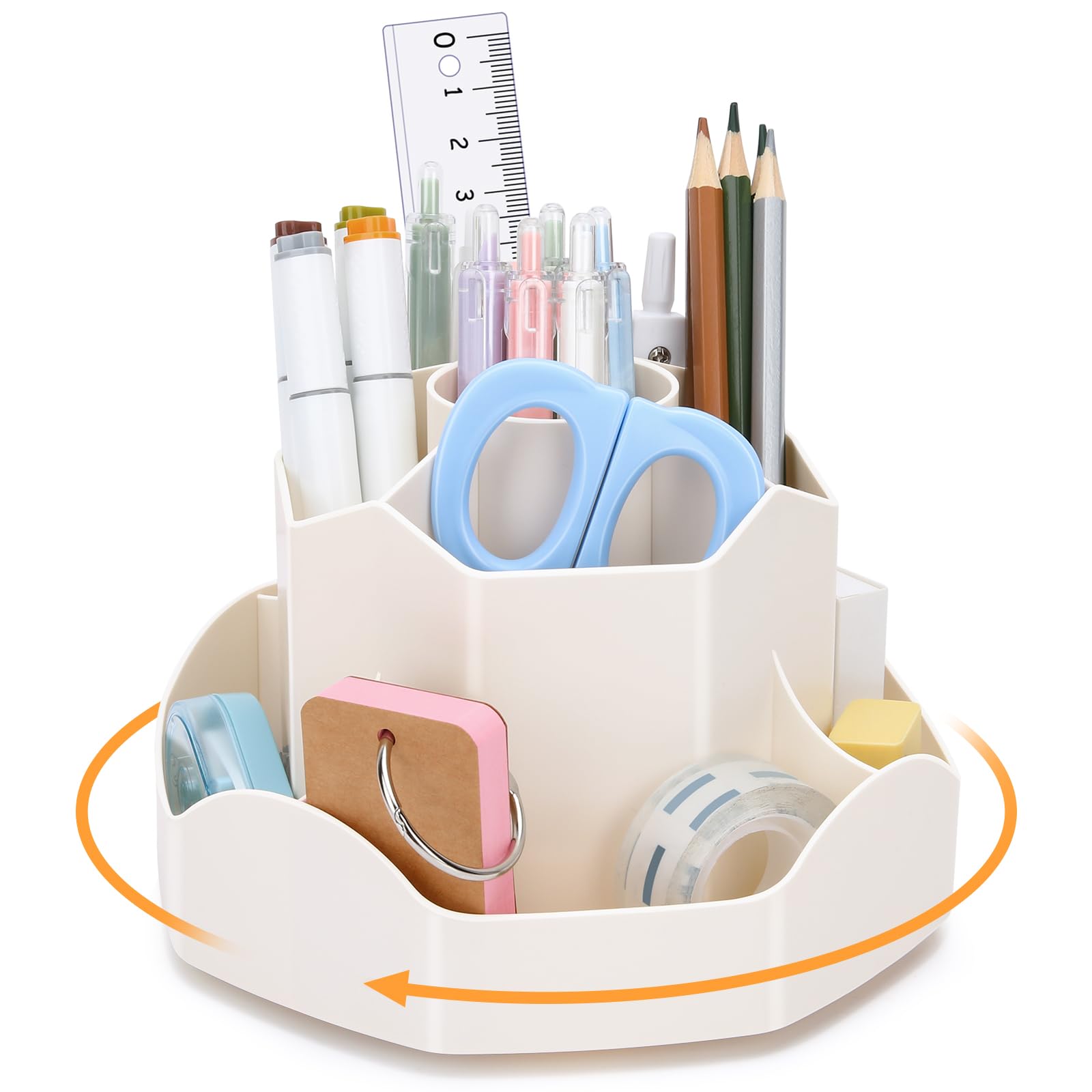 Euqvunn Rotating Pen Holder, Desk Tidy Organiser with 9 Independents, Space-Saving Pencil Pot for Kids, 360° Swivel Makeup Organiser,Modern School Office Supplies Pen Pot Keep Desk Tidy (Beige)