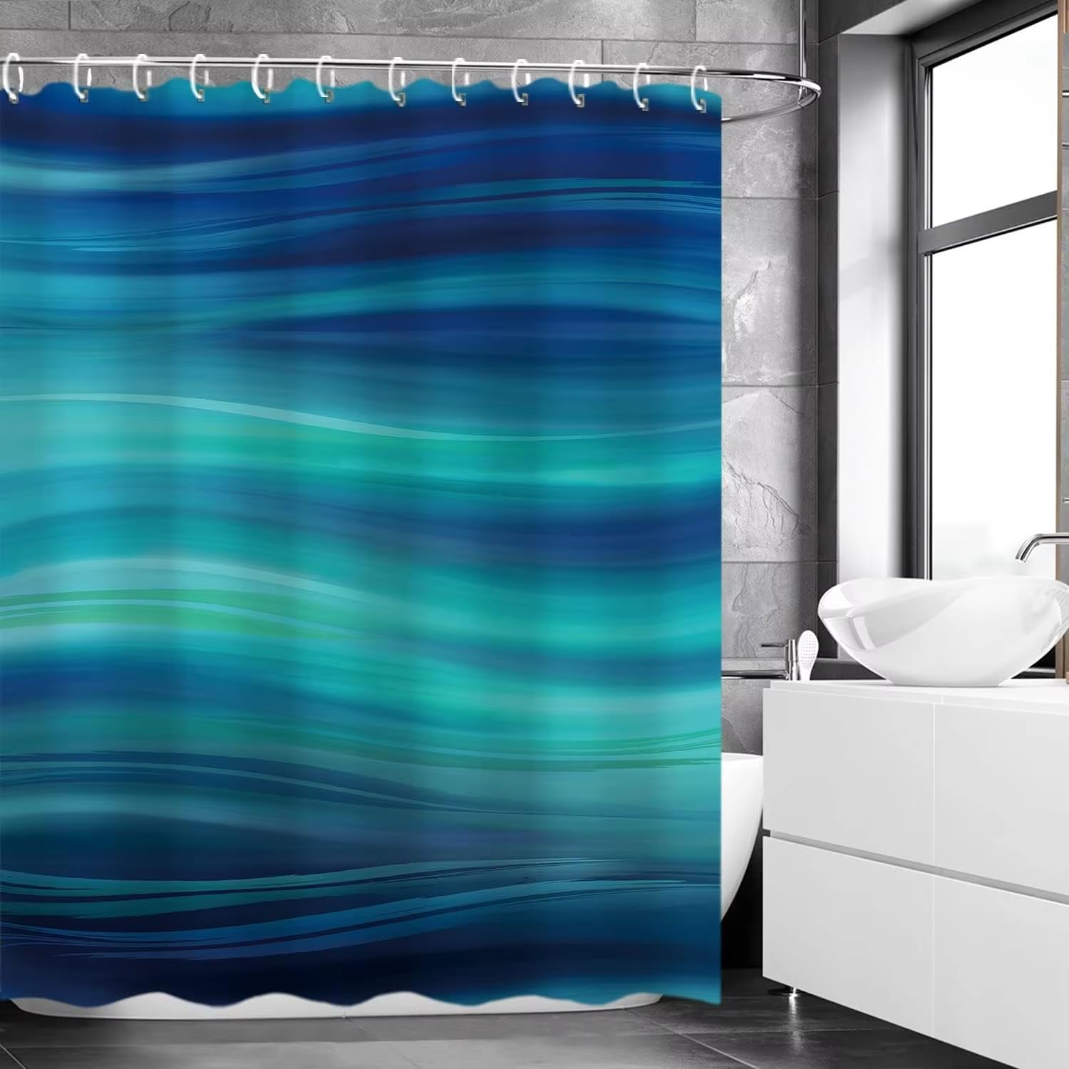 Duschvorhang in blauem Marmor-Design, abstraktes, türkis-marineblaues Ombré-Streifenmuster mit Haken, waschbarer Duschvorhang (130 x 200 cm/B x H)