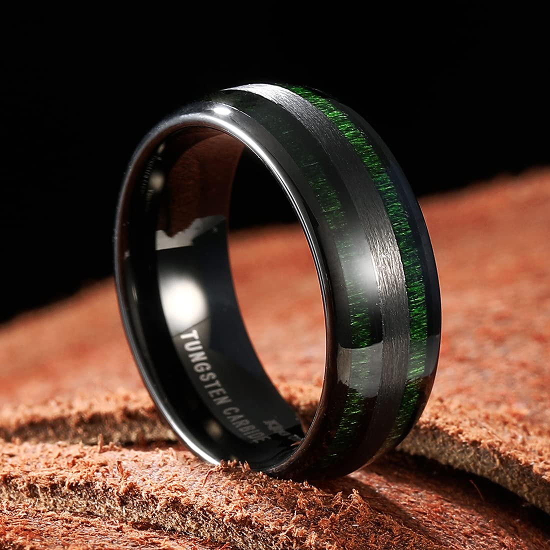 King Will Anillo de boda de carburo de tungsteno para hombres y mujeres, 8 mm de ancho, negro/dorado/plateado con incrustaciones de madera de koa natural/arce, diseño abovedado, anillo de boda de