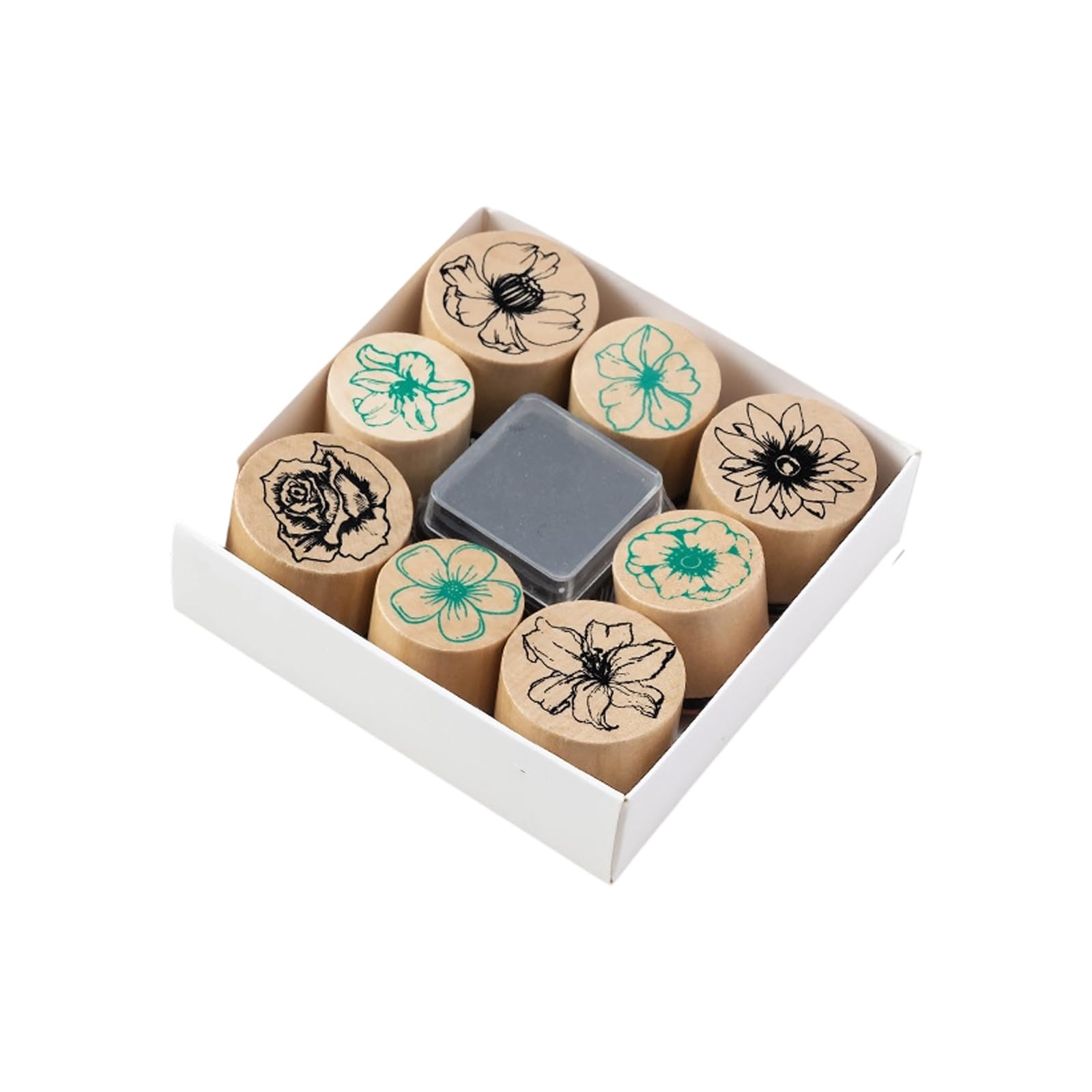 8Pieces Vintage Wood Stamp Flower Stamper with Inkpad Crapbooking Stamp for Card Making Journal Planner Scrapbooking Butterfly Flower Wood