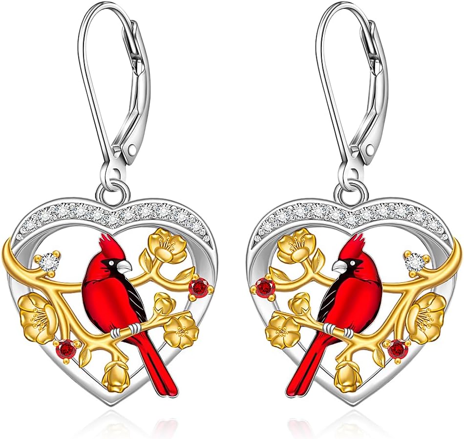 Cardinal Earrings for Women Dangle Sterling Silver Memorial Red Cardinal Gifts Bird Animal Heart Day Jewelry Gifts