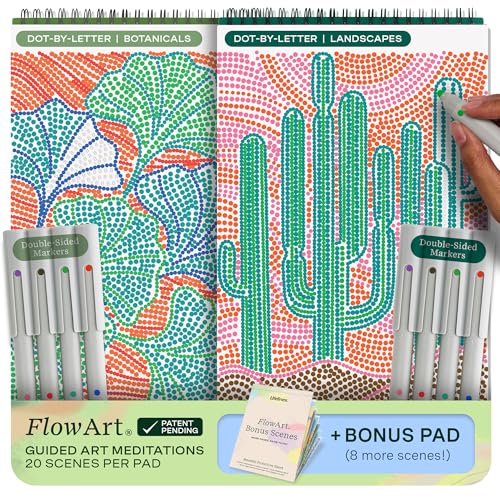 Lifelines FlowArt Activity Pads, 2-Pack & Bonus Pad - Guided Dot-by-Letter Art Meditations - 8 Double-Sided Markers & 48 Scenes - Color by Number/Letter Coloring Books for Tweens, Adults & Seniors