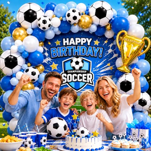 Image of Soccer Party Decorations 160Pcs, World Soccer Balloon Garland Arch Kit with 18'' Football Foil Balloons, Blue and White Football Print Balloons for Boys Sports Fan Birthday Soccer Party Decor