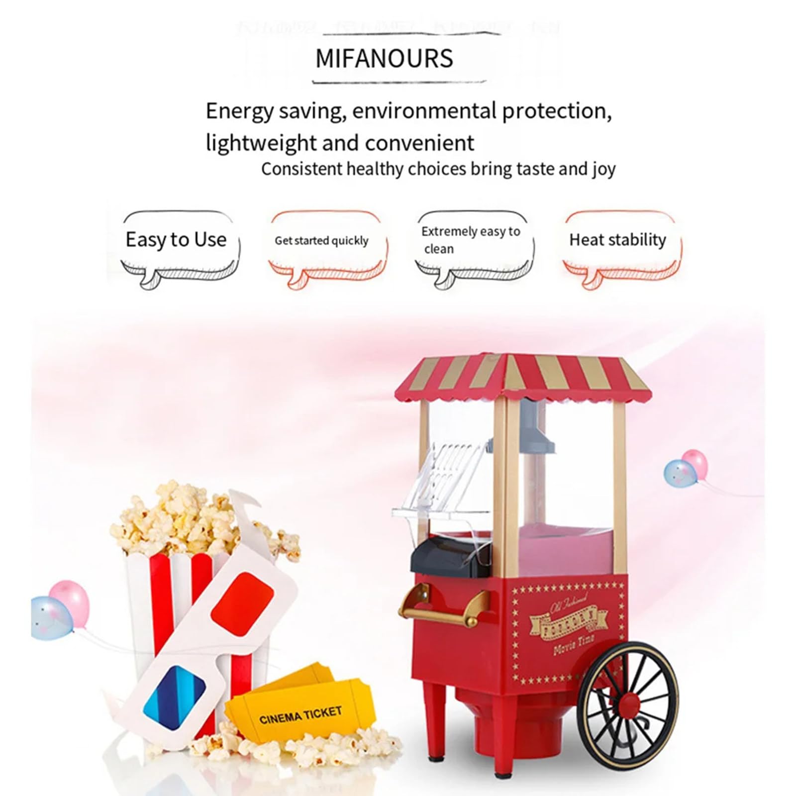 Carrello per Popcorn, Macchina per Popcorn ad Aria Calda, Macchina per Popcorn elettrica retrò, Snack sani e veloci per riunioni di Famiglia, Vacanze e Serate di Cinema
