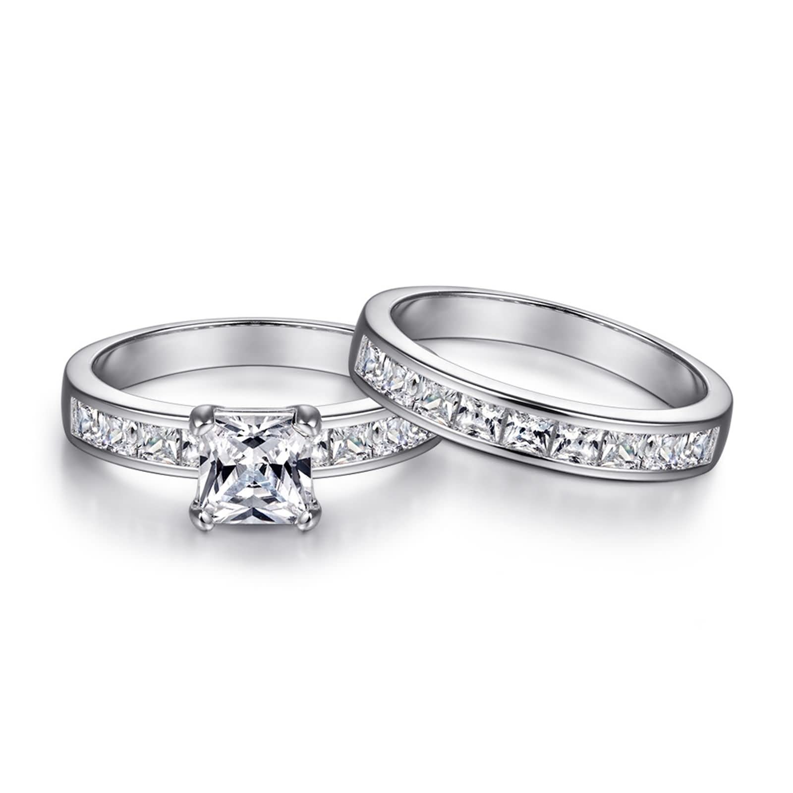 Anelli in Argento 925 Donna,Anello de Matrimonio Set di Anelli con 4 Griffe Quadrato Zirconia Cubica Argento Anello Donna Fidanzamento