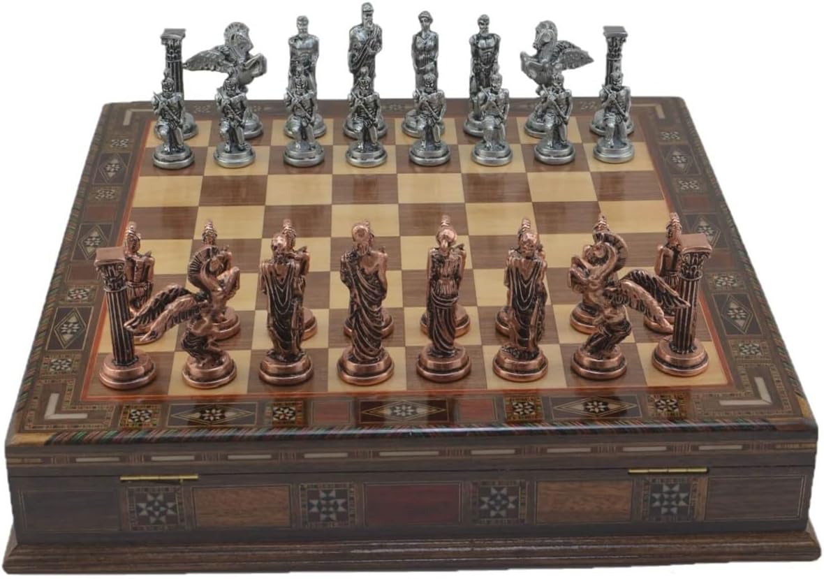 Antique Copper Medium Mythologic Pegasus Metal Chess Set for Adults,Handmade Pieces and Natural Solid Wooden Chess Board with Storage Inside (Walnut)