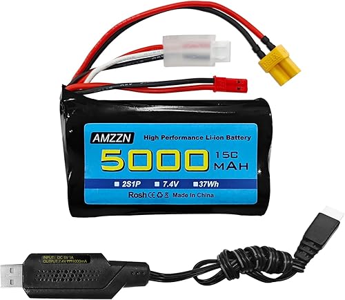 Batería de iones de litio de 7.4V 5000mAh 2S con enchufe JST y enchufe XT30 con cable de carga USB para control remoto TX16S, TX18S, RC4GS, RC6GS,