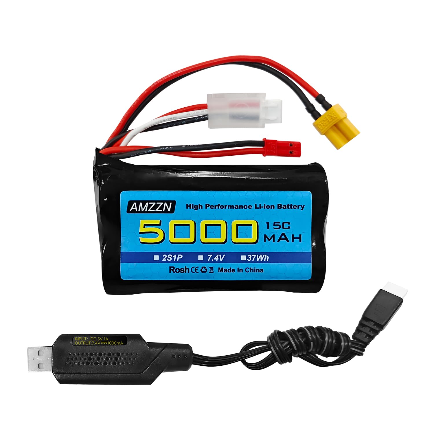 AMZZN 7.4V 5000mAh 2S Li-ion Battery with JST Plug and XT30 Plug with USB Charging Cable for TX16S,TX18S,RC4GS,RC6GS,TX12 Remote Control