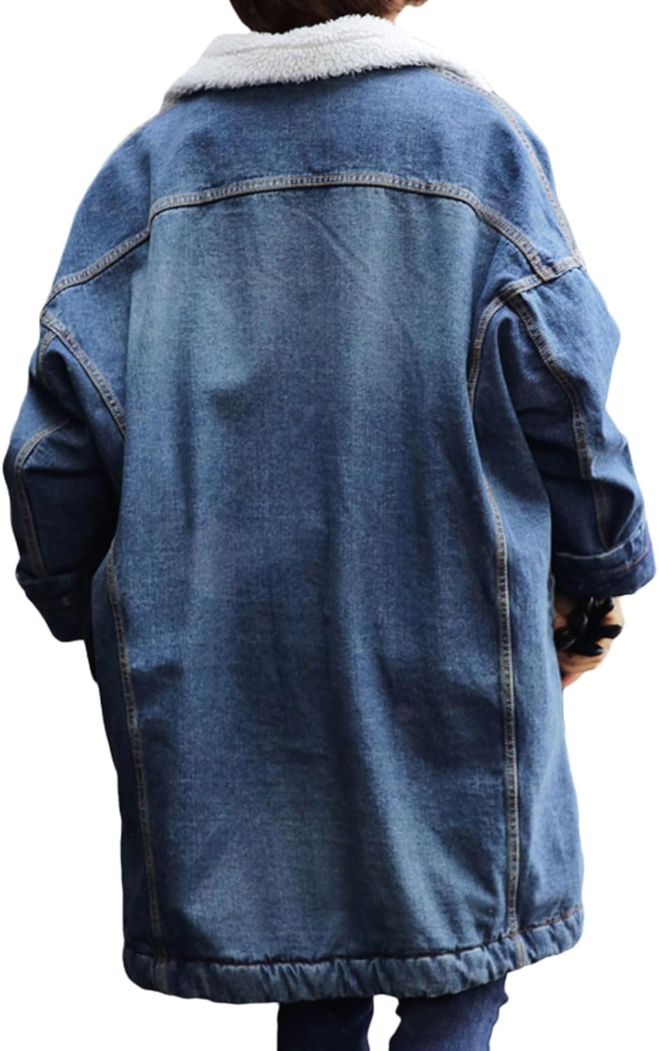 loveimgs Women Long Sherpa Fleece Lined Jeans Jacket Denim Trench Coat Thicken Button Down Patchwork Trucker Coat Overcoat - Image 2
