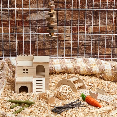 Sonwyoung 8 Pcs Hamster Cage Accessories Hamster Starter Kit with Maze Wood House, Bridge, Seesaw, Chew Toys Set for Gerbils and Mice Small Animals Habitat Supplies(Classic Villa) - Thumbnail 3