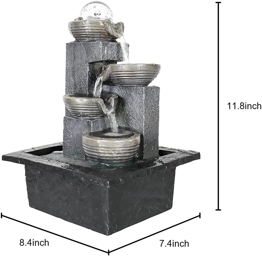 Xpiyaer Indoor Cascading Tabletop Water Fountain with LED Light and Crystal Ball - 11.8-inch High 4-Tier Zen Waterfall Fountain for Home Office and End Table Decoration (11.8" high, Grey) : Home & Kitchen