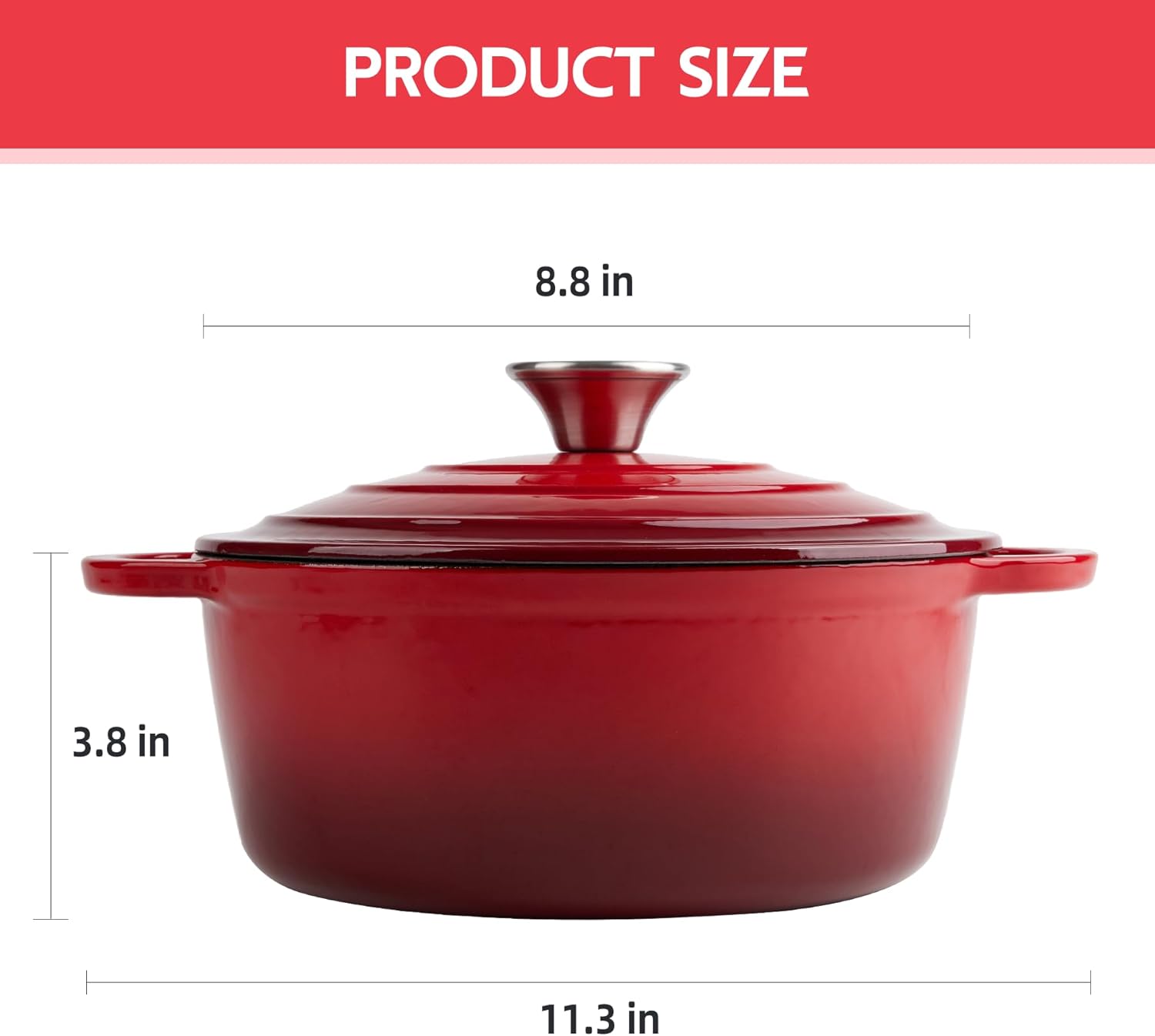 3 Quart Dutch Oven Enameled Cast Iron with Lid - Big Dual Handles - Oven Safe up to 500°F - Classic Round Pot for Versatile Cooking Red