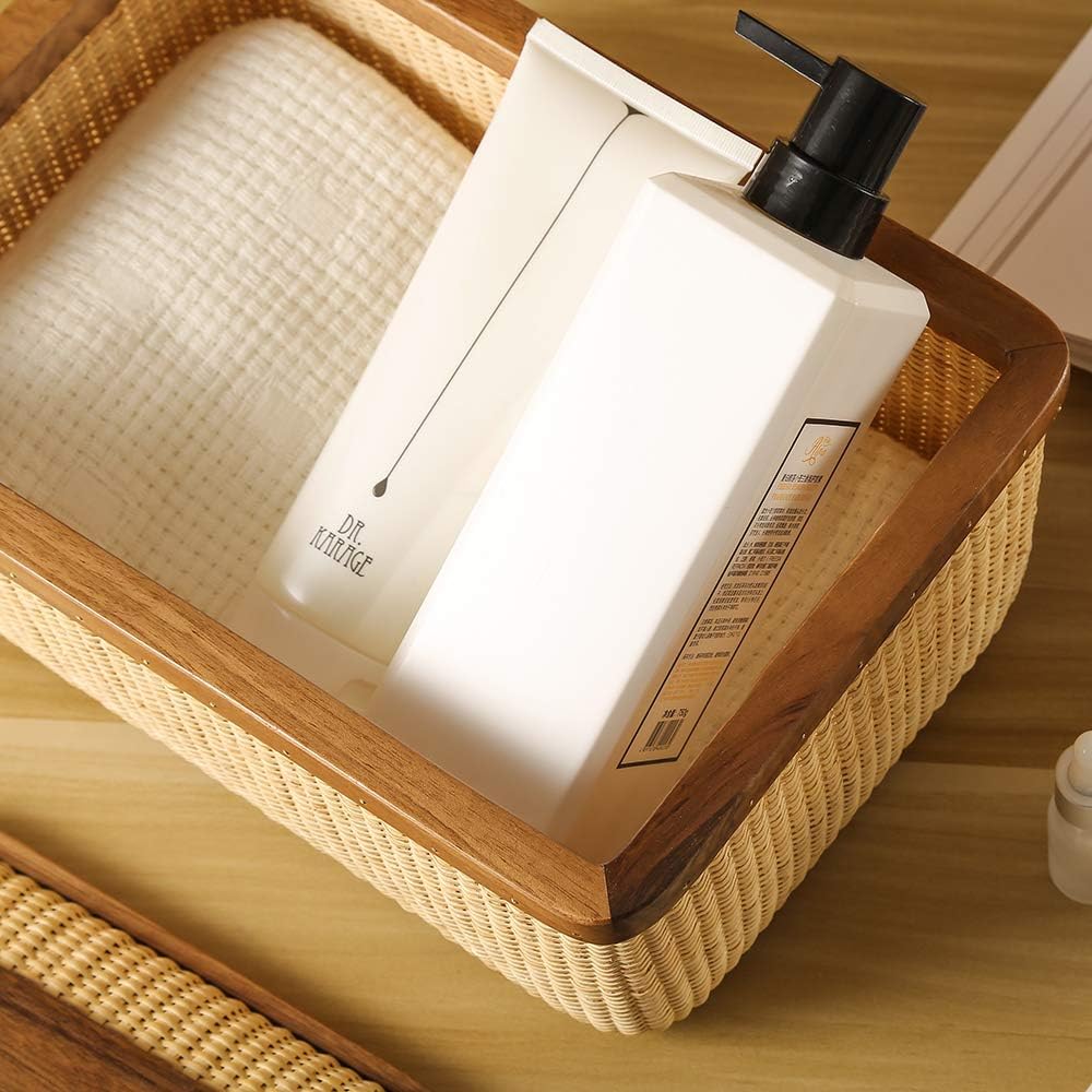 Cane-on-cane weave Storage Basket Box with Lid Multifunctional Storage Organiser Storage Basket Organizer Baskets Rectangular Boxes Woven