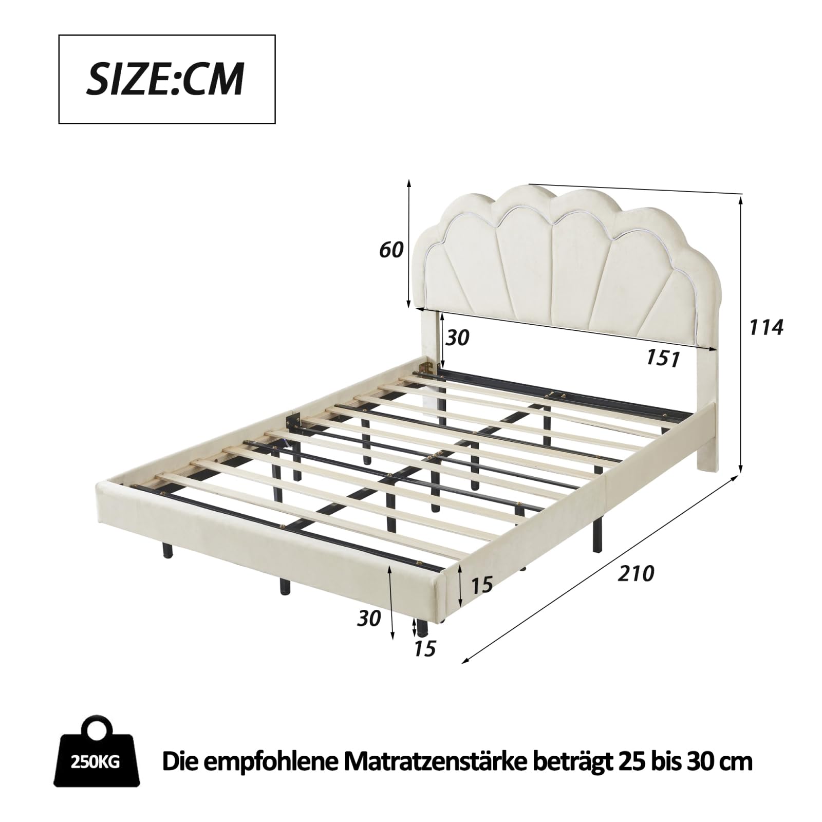 Polsterbett Doppelbett 140x200 cm für Mädchen, Mädchenbett Jugendbett, Gepolsterter Schwebender Bettrahmen mit LED-Lichtleisten und Kopfteil in Blumenform, Samtstoff,Beige