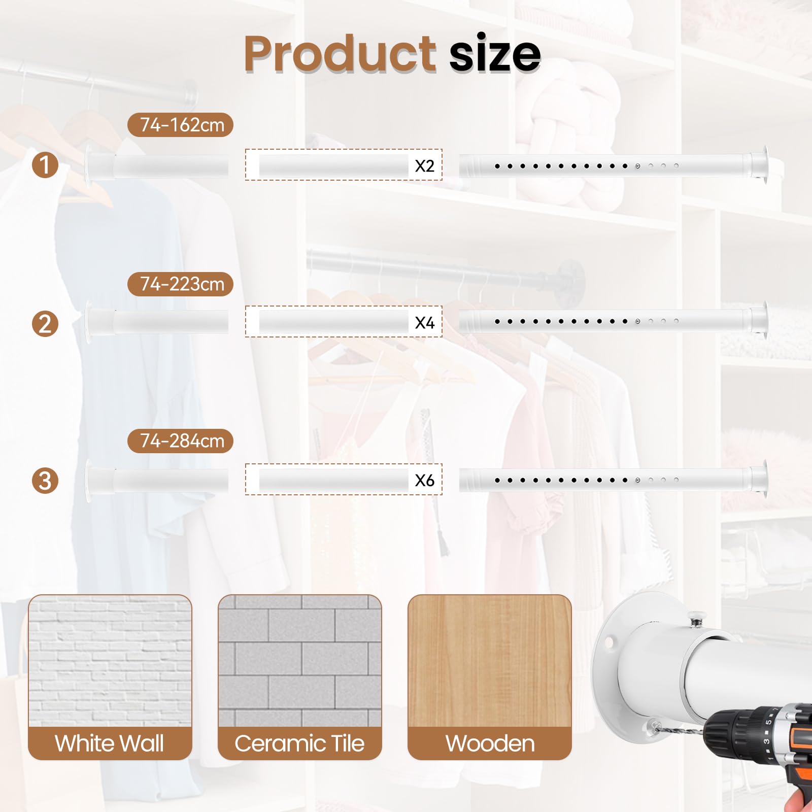 Wardrobe Rail, White Extendable Wardrobe Rod 74-162cm, Heavy Duty Hanging Rails with End Sockets & Screws for Clothes,Cabinet,Cupboard - Image 3