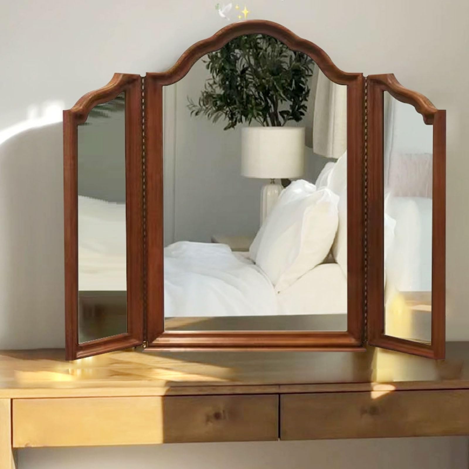 Foldable Wall-Mounted Mirror Solid Wood Framed Vanity Mirror Tempered Glass Bathroom Mirror for Cloakroom Bathroom 80x60cm