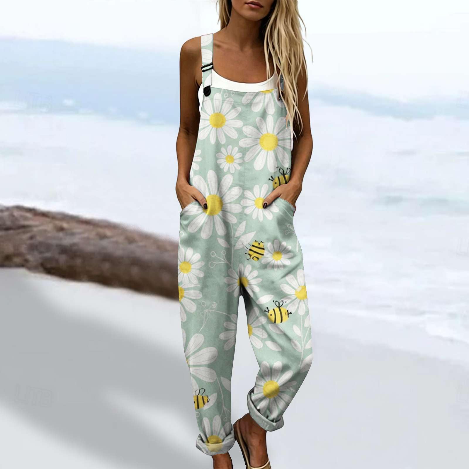 Genérico Monos Mujer Verano Casual, Peto Holgado Estampado Boho Chic con Bolsillos, Mono Largo Elegante de Pierna Ancha, Salopette Transpirable Tallas Grandes para Playa y Vacaciones