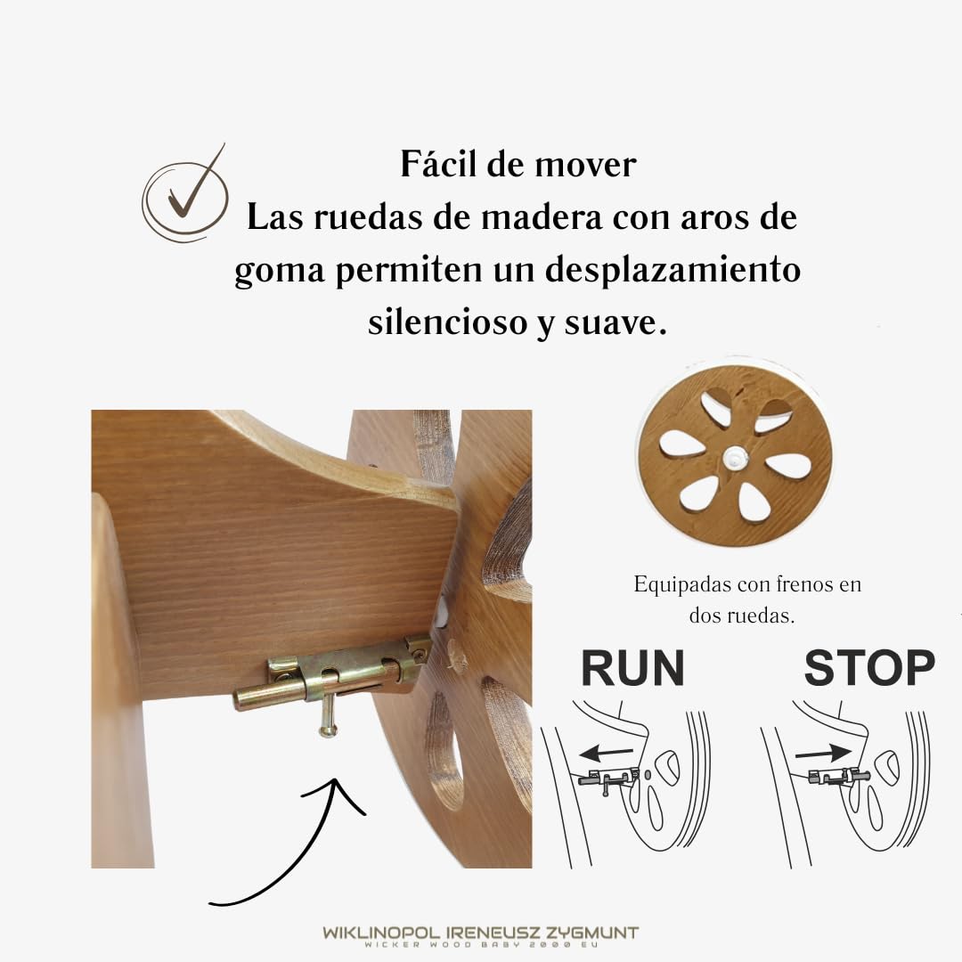 Wiklinopol Moisés de Mimbre para Bebé con Soporte de Madera y Ruedas Annabell – Cuna con Colchón y Ropa de Cama 5 Piezas Muselina Beige – Cochecito Natural para Recién Nacido