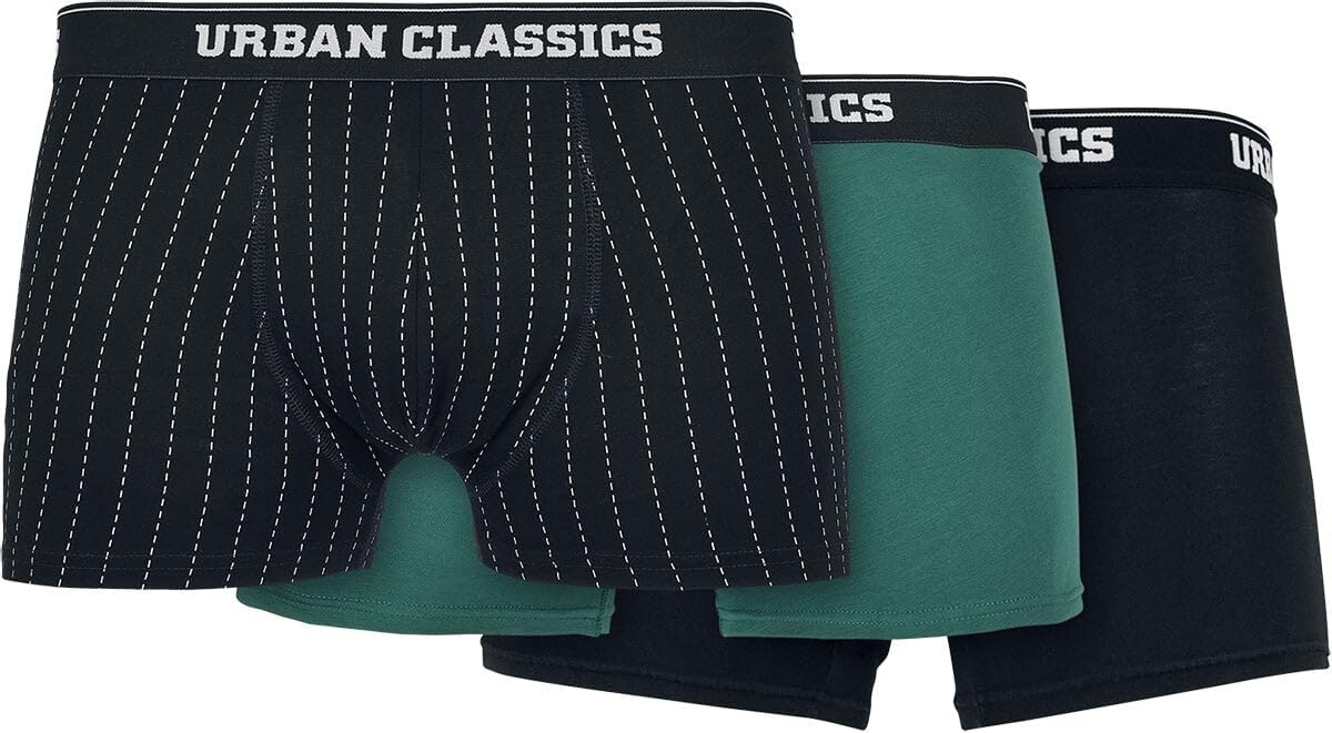 Urban Classics Mens Organic Boxer Shorts, Pack of 3 Underwear, Pinstripe AOP + Black + Tree Green, S