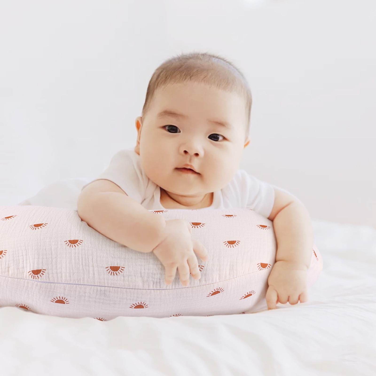 Winmany 2 Pack Muslin Nursing Pillow Covers Soft Cotton Newborn Breastfeeding Pillow Cover Baby Removable Feeding Pillow Slipcover for Boys Girls (Light Brown + Sun) - Image 2