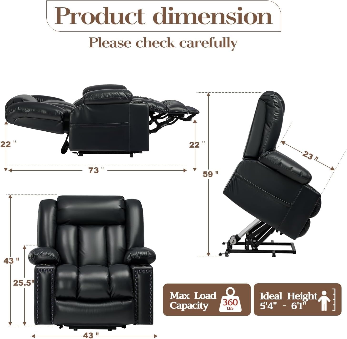Genuine Leather Oversized Power Lift Recliner Sofa with Massage and Heat, Remote Control, USB Charging Ports, Cup Holders, and Side Pocket for Living Room Elderly