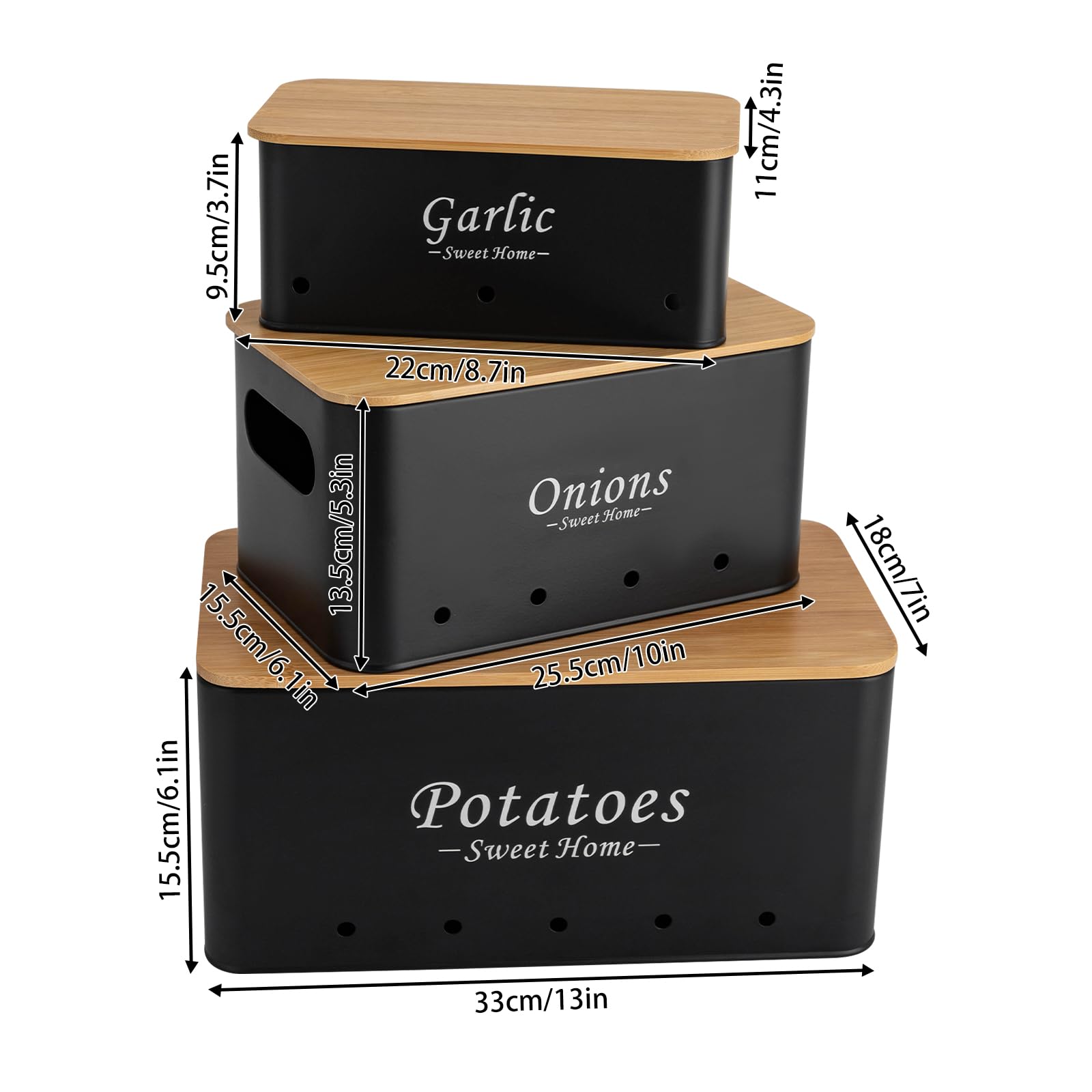 Kartoffel Aufbewahrungsbox 3er Set, Aufbewahrungsbox Küche für Zwiebeln/Kartoffeln/Knoblauch, Aufbewahrung Küche mit Belüftungslöchern, 3 Größen, Schwarz