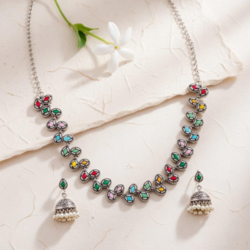 Efulgenz Indian Oxidized Jewelry Indian Jewelry Sets for Women Antique Boho Crystal Stone Necklace Sets with Faux Pearl Drop Jhumki Jhumka Dangle Earrings Choker Necklace Earrings Set Bohemian Jewelry Set for Women