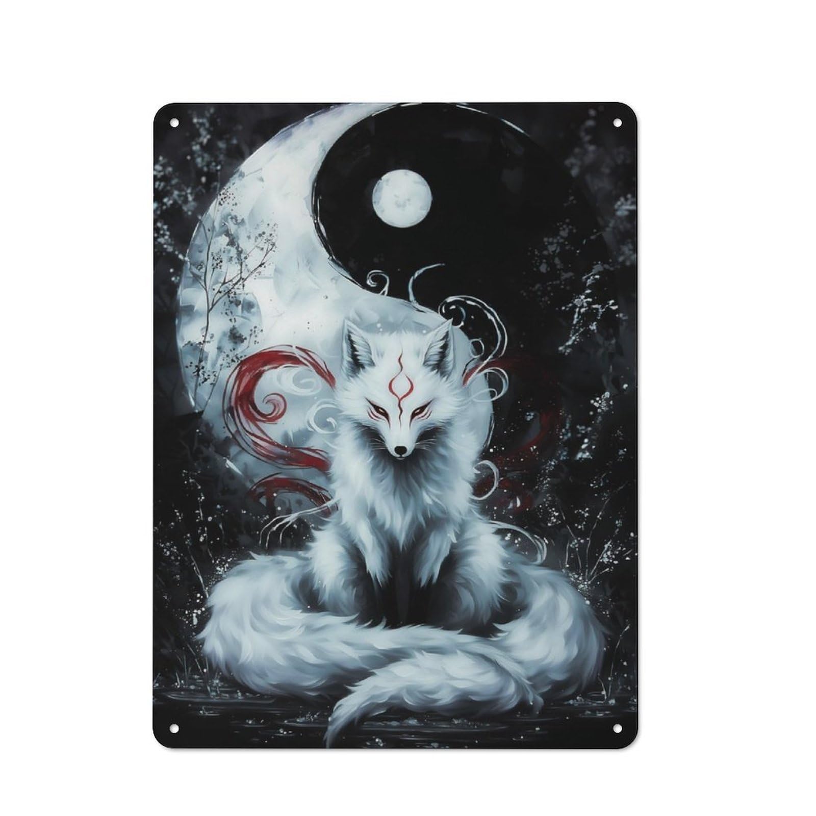 Yin And Yang Kitsune Vintage Metal Sign 40x30cm, Shop Front Style Cafe Wall Decor for Coffee Bar, Small Shop Or Dining Room